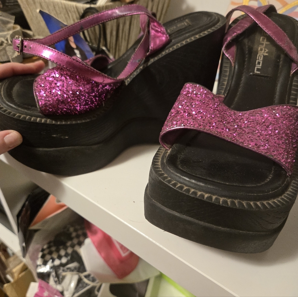 Chic Pink Glitter Platform Sandals Vintage Le Chateau 7.5/8